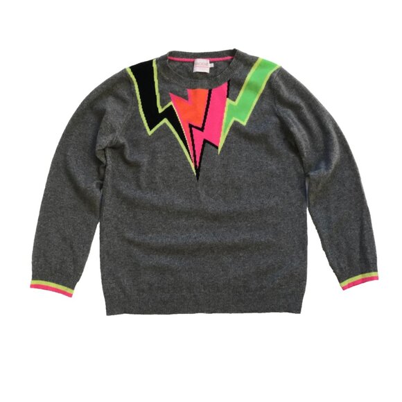 Brodie Cashmere Crew Neck Sweater Womens Small Gray Pink Stormy Lightning Bolt - Picture 1 of 10